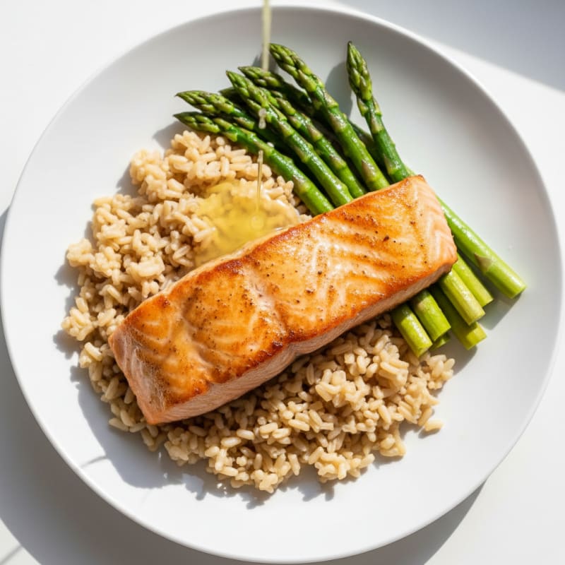 Seared Salmon with Steamed Asparagus and Brown Rice