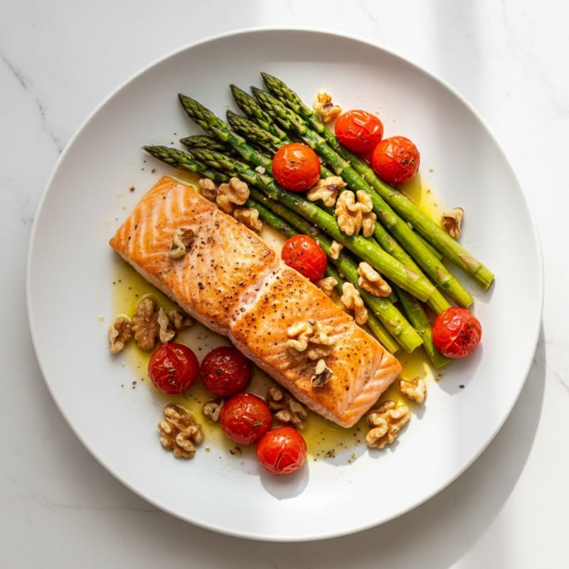 Pan-Seared Salmon with Herb-Roasted Vegetables and Toasted Walnuts