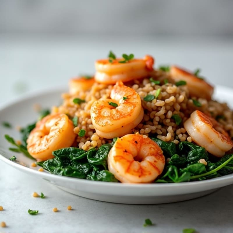 Seared Garlic Shrimp with Steamed Brown Rice and Sautéed Spinach