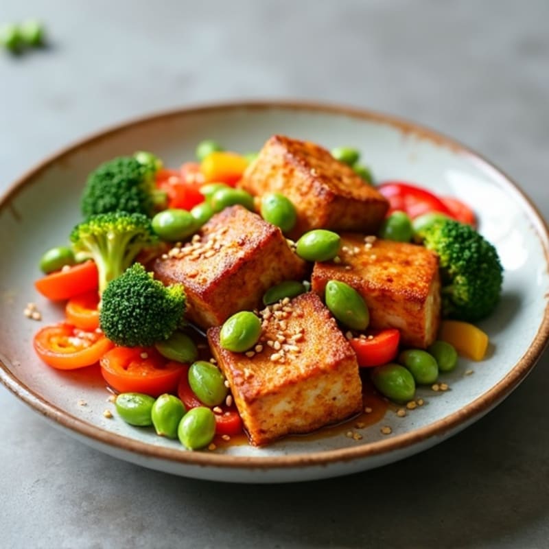 Crispy Sesame-Ginger Tofu with Rainbow Vegetables