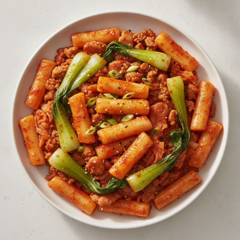 Loaded Kimchi Rice Cakes with Gochujang Sauce