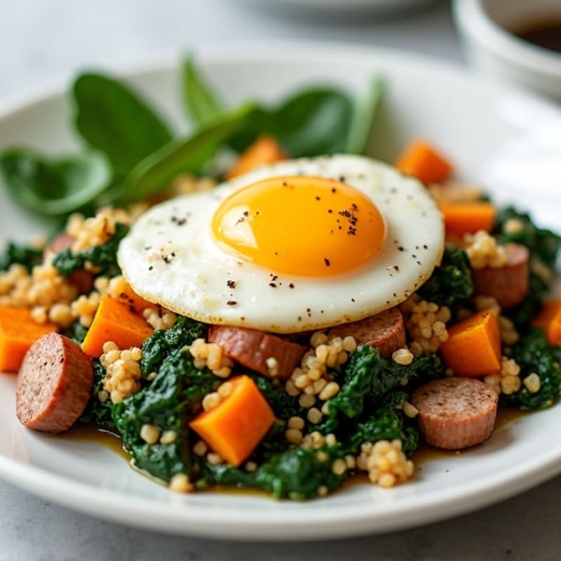Egg White and Turkey Sausage Scramble with Spinach and Roasted Sweet Potato