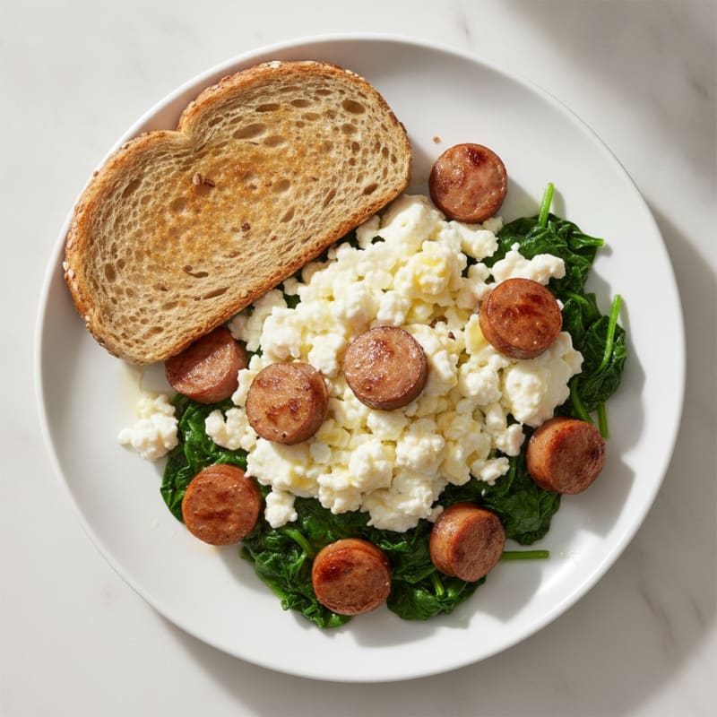 Egg White and Cottage Cheese Scramble with Turkey Sausage and Sautéed Spinach