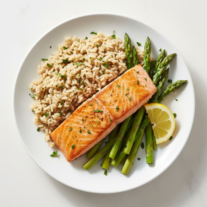 Seared Salmon Fillet with Steamed Asparagus and Herbed Brown Rice