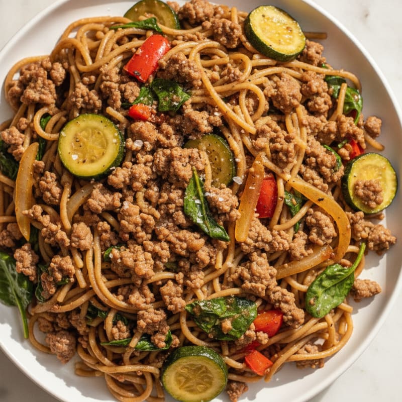 Ground Beef Noodle Skillet with Garden Vegetables