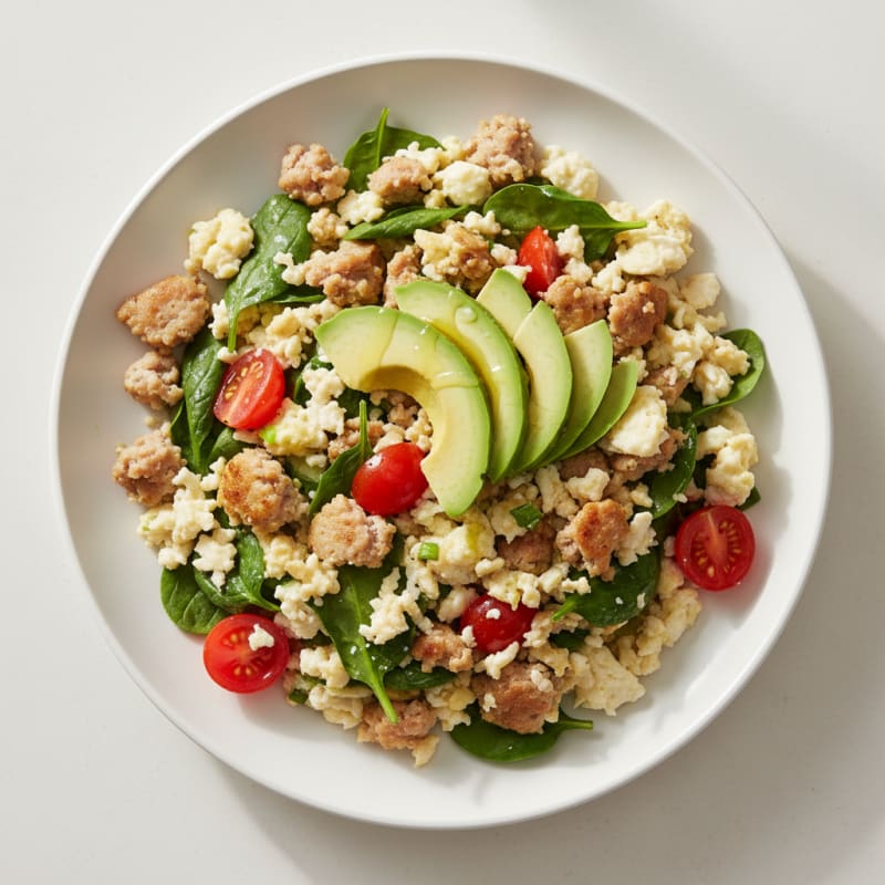 Egg White and Turkey Sausage Scramble with Spinach and Tomatoes