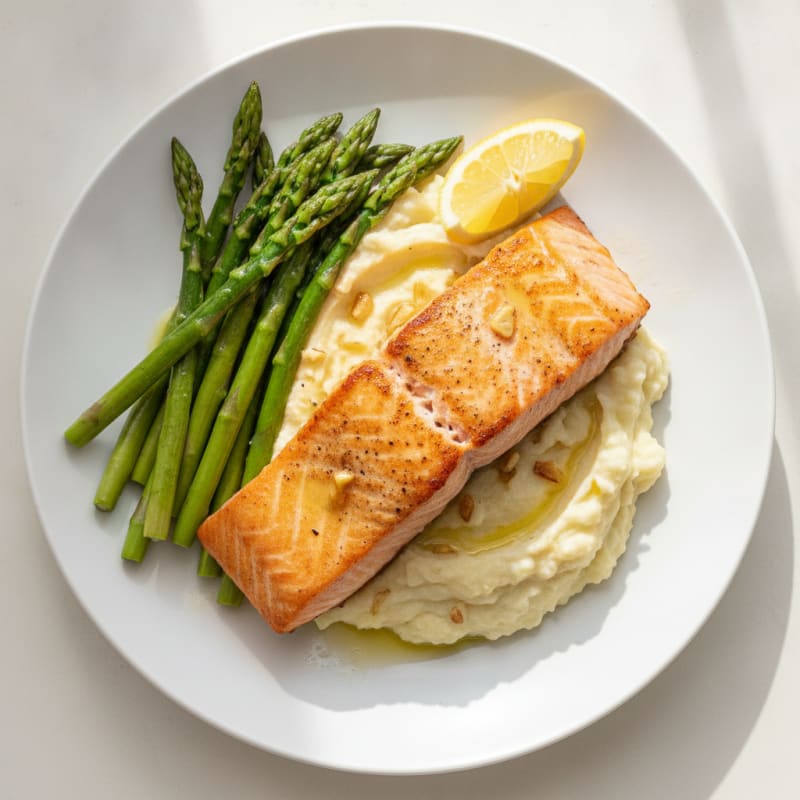 Seared Salmon with Steamed Asparagus and Garlic Mashed Cauliflower