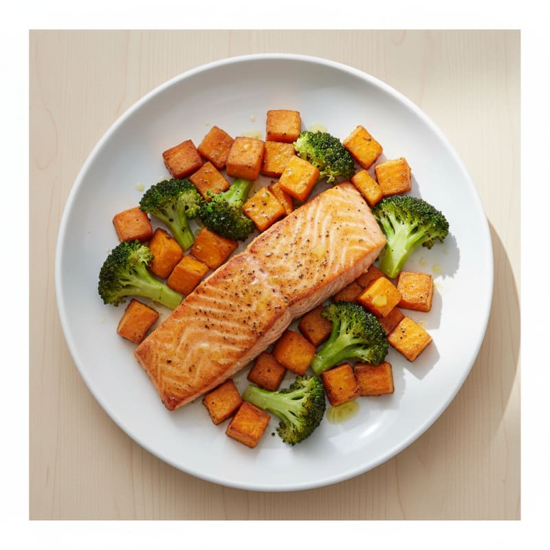Seared Salmon Fillet with Roasted Sweet Potato Cubes and Crisp Broccoli