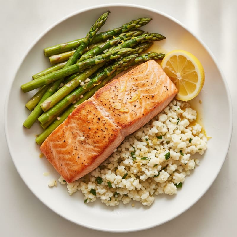 Seared Salmon with Lemon-Garlic Asparagus and Cauliflower Rice