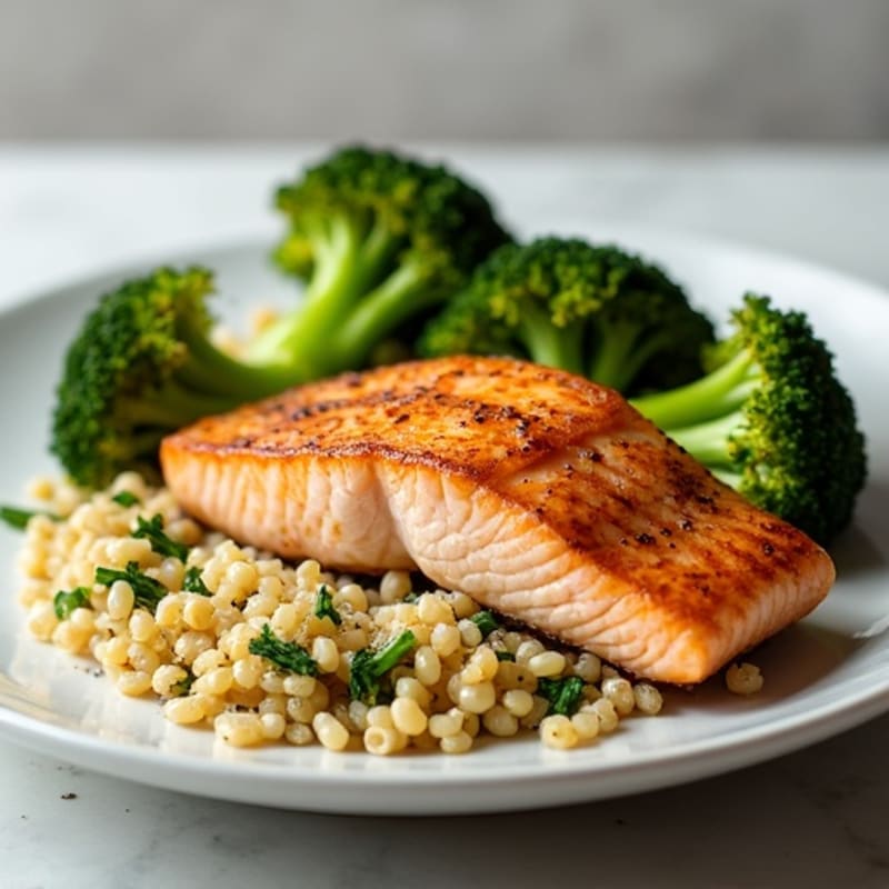 Seared Salmon Fillet with Roasted Broccoli and Quinoa