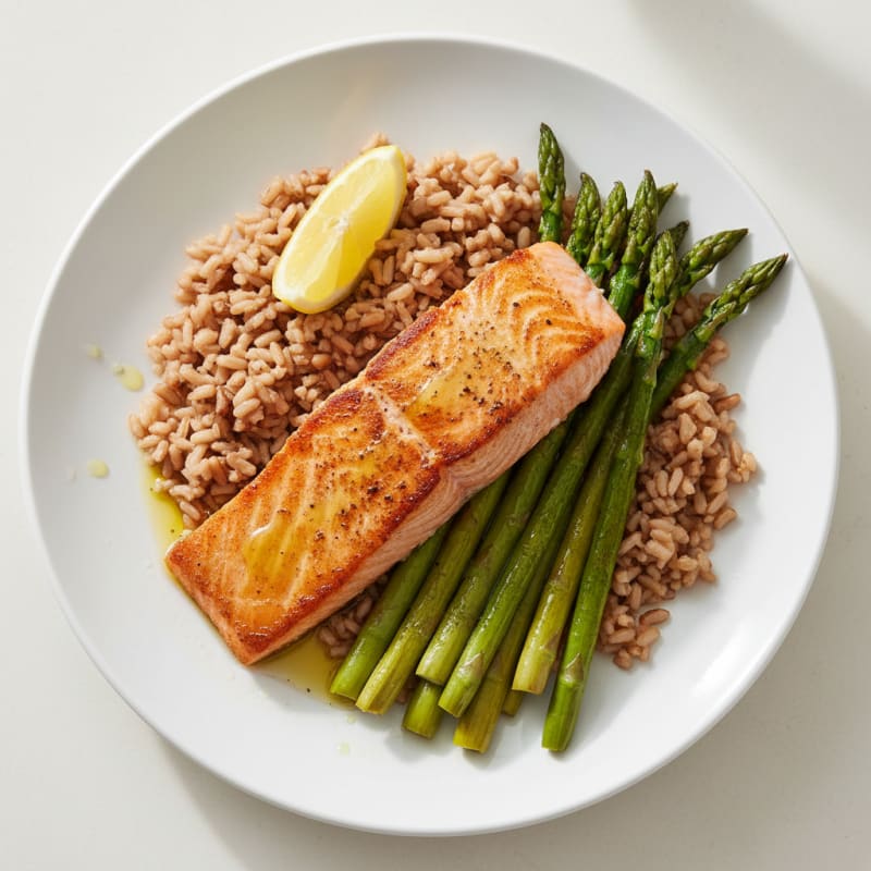 Seared Salmon Fillet with Brown Rice and Roasted Asparagus