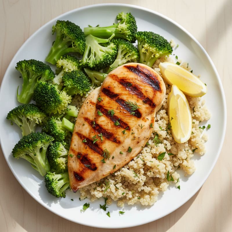 Grilled Chicken Breast with Steamed Broccoli and Quinoa