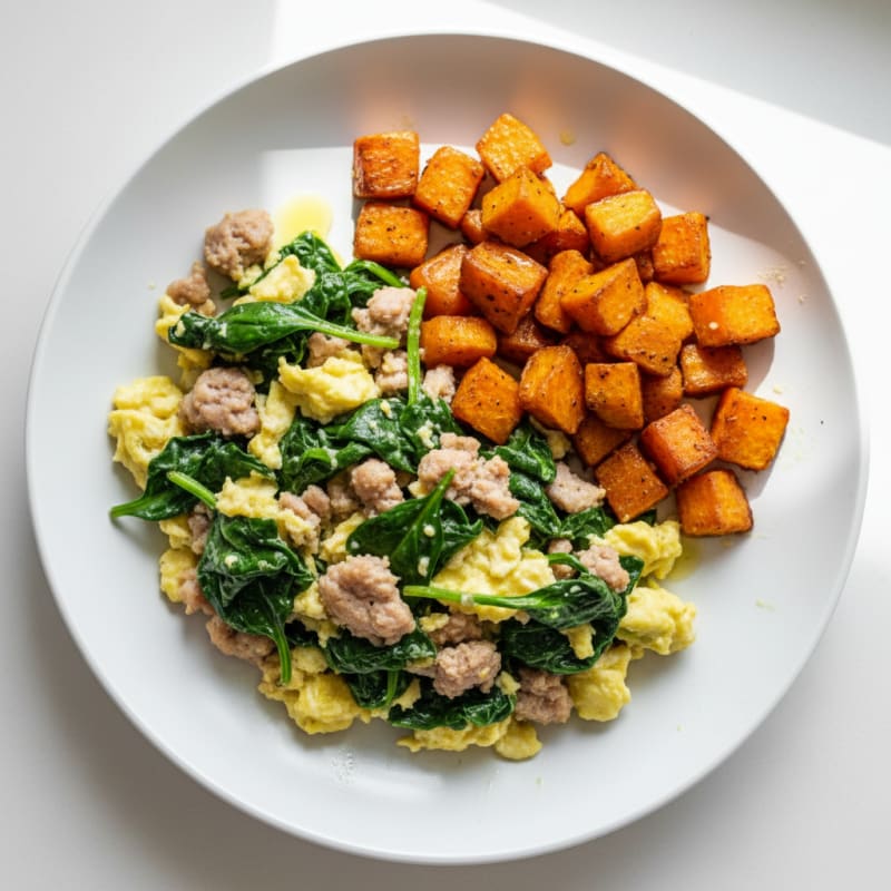 Egg White and Turkey Sausage Scramble with Spinach and Roasted Sweet Potato