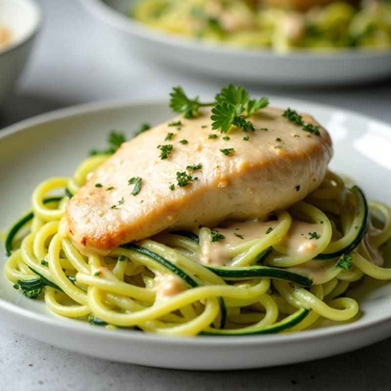 Creamy Cauliflower Alfredo Chicken with Zucchini Noodles