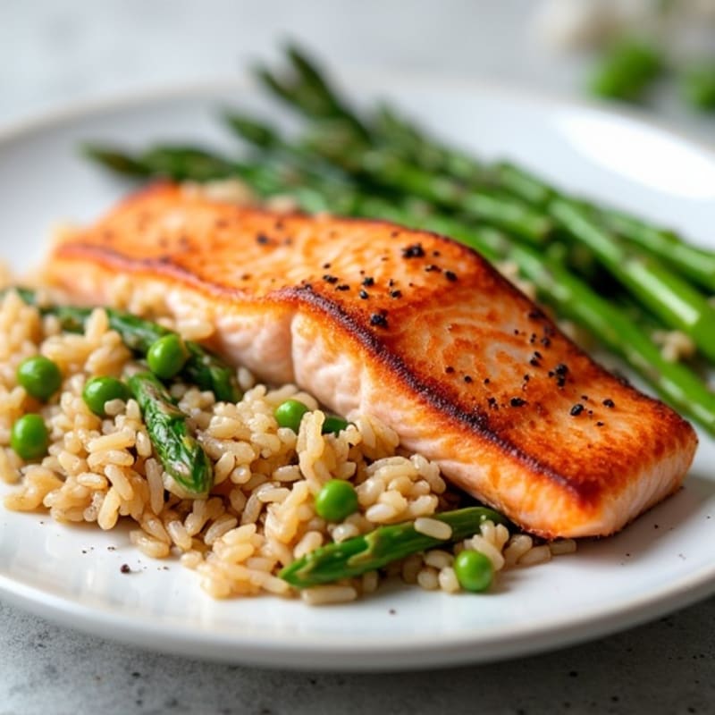 Seared Salmon with Steamed Asparagus and Brown Rice