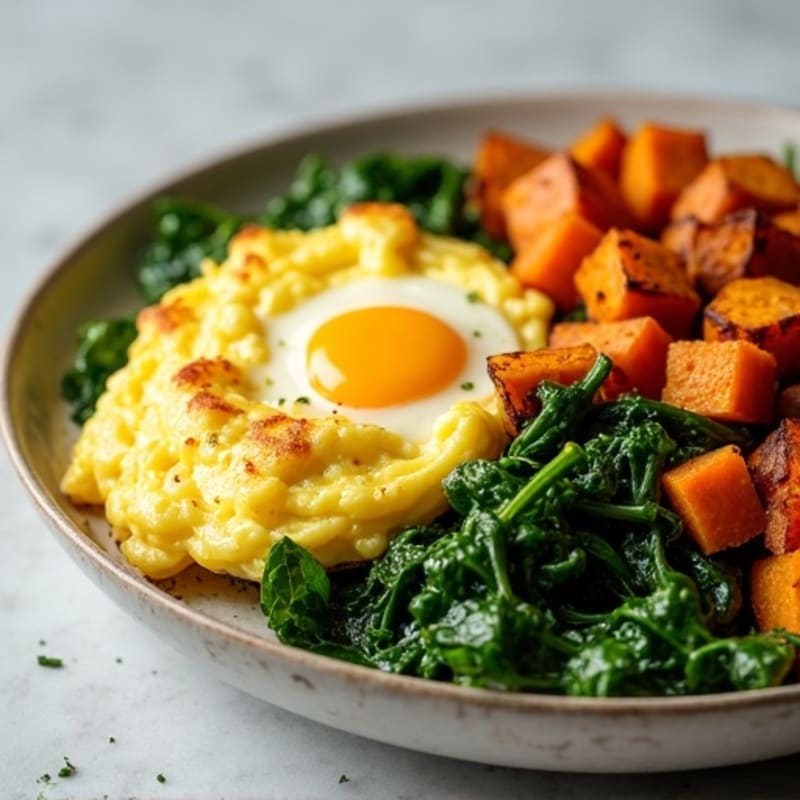 Fluffy Scrambled Eggs with Sautéed Spinach and Crispy Sweet Potato Hash