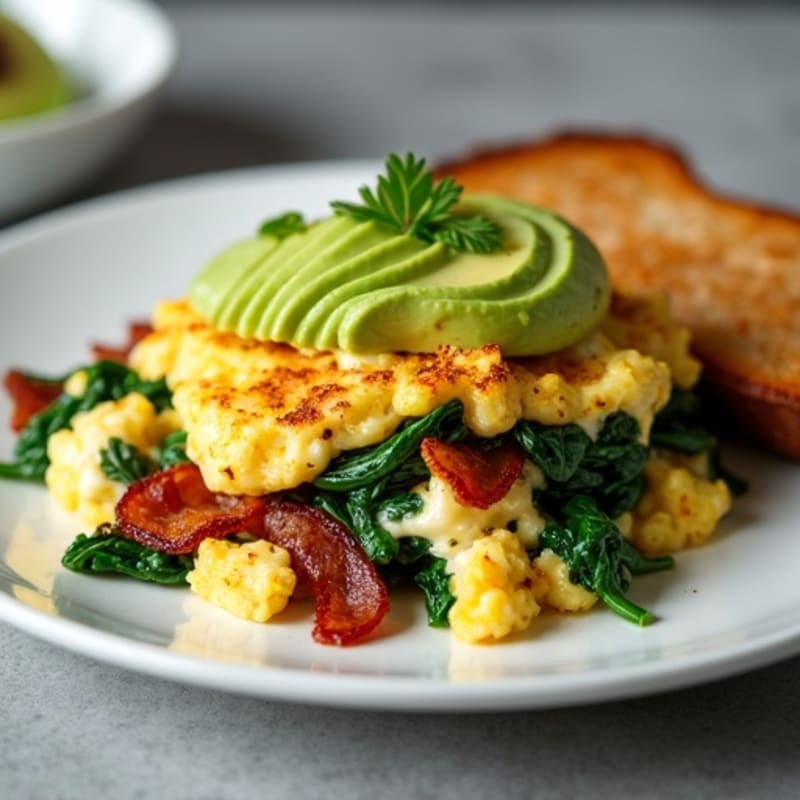 Crispy Turkey Bacon and Egg White Scramble with Sautéed Spinach
