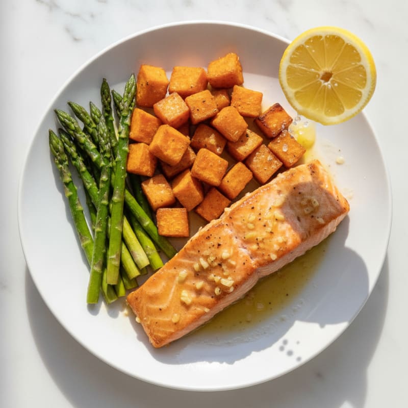 Seared Salmon with Roasted Sweet Potato and Asparagus