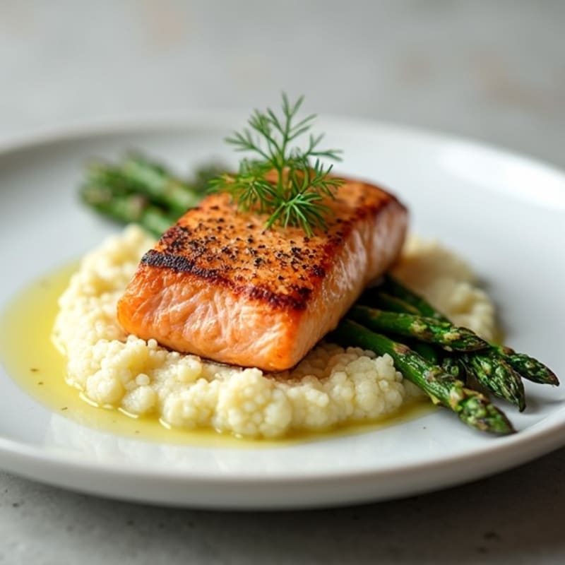 Seared Salmon with Roasted Asparagus and Cauliflower Mash