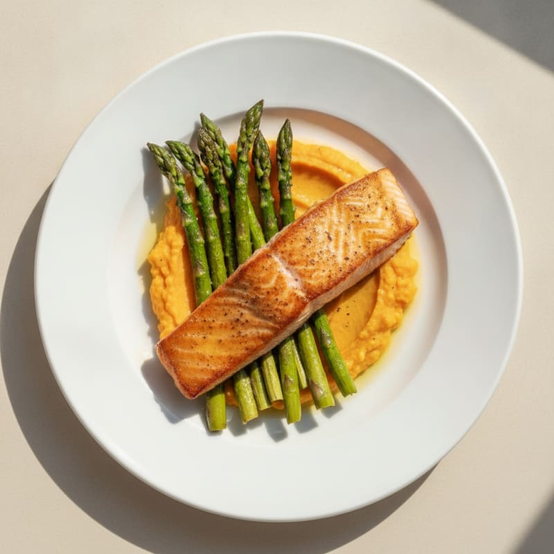 Seared Salmon Fillet with Roasted Asparagus and Sweet Potato Mash
