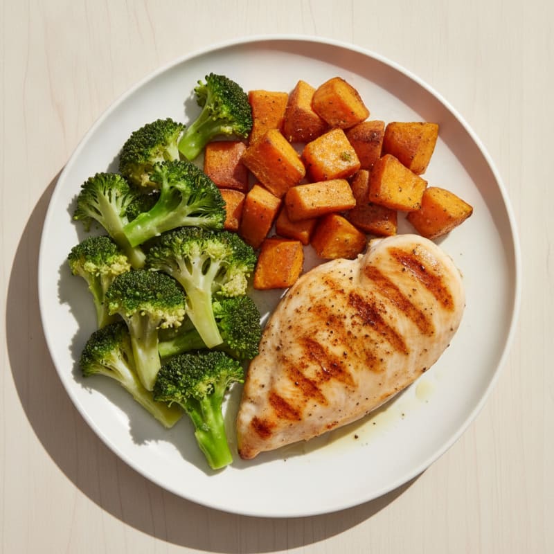 Grilled Chicken Breast with Roasted Sweet Potatoes and Steamed Broccoli