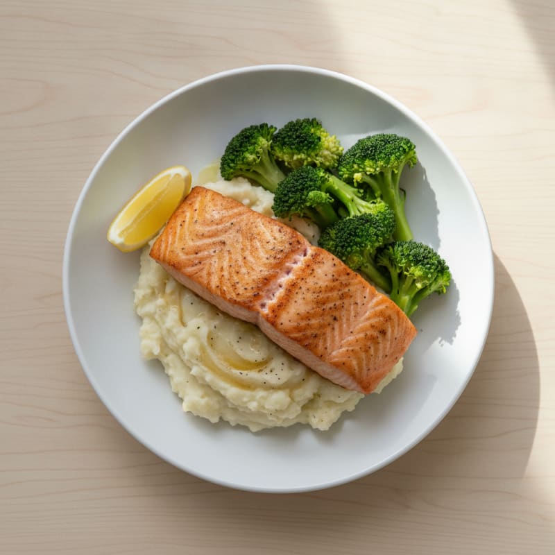 Seared Salmon with Steamed Broccoli and Garlic Mashed Potatoes