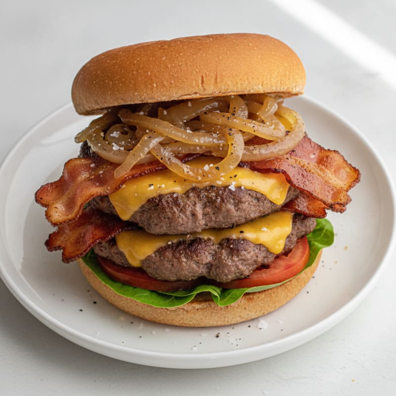 Double Bacon Cheeseburger with Caramelized Onions