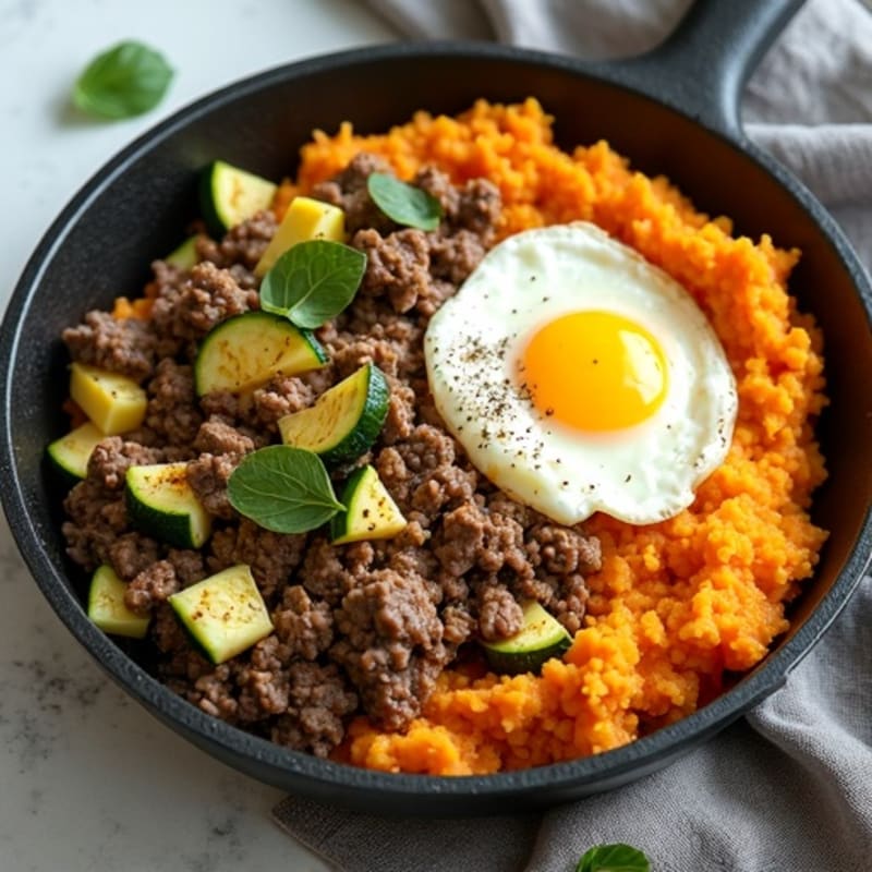 Lean Beef and Zucchini Skillet with Sweet Potato Mash