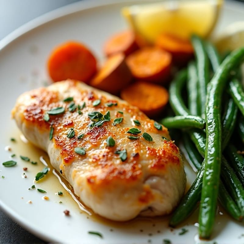 Crispy Lemon Herb Chicken with Roasted Sweet Potatoes and Green Beans