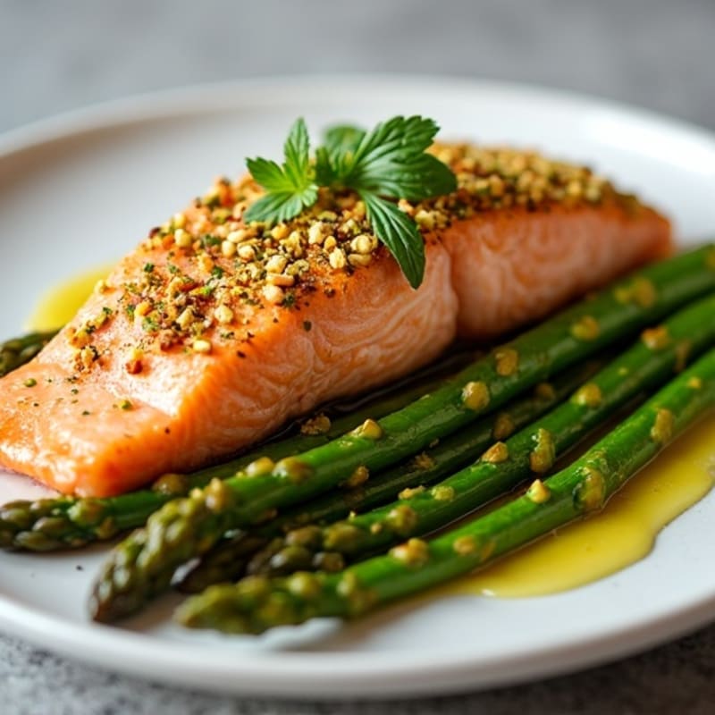 Pistachio Crusted Salmon with Lemon Roasted Asparagus