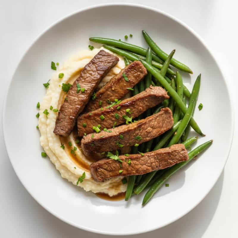 Seared Lean Beef Strips with Sautéed Green Beans and Cauliflower Mash