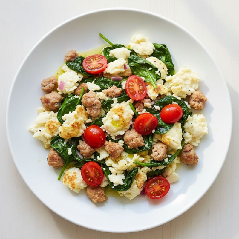 Egg White Scramble with Turkey Sausage and Sautéed Spinach