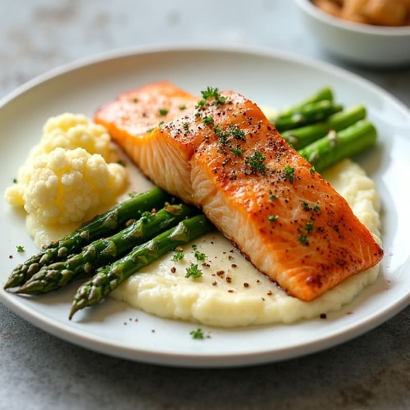 Baked Salmon with Steamed Asparagus and Cauliflower Mash