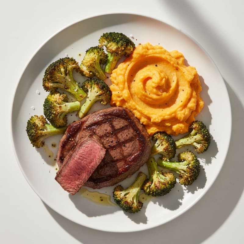 Seared Lean Beef with Roasted Broccoli and Sweet Potato Mash