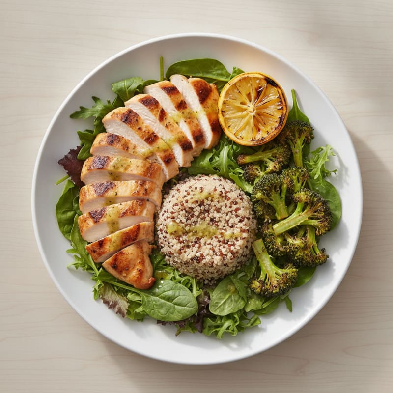 Grilled Chicken Breast Salad with Quinoa and Roasted Broccoli