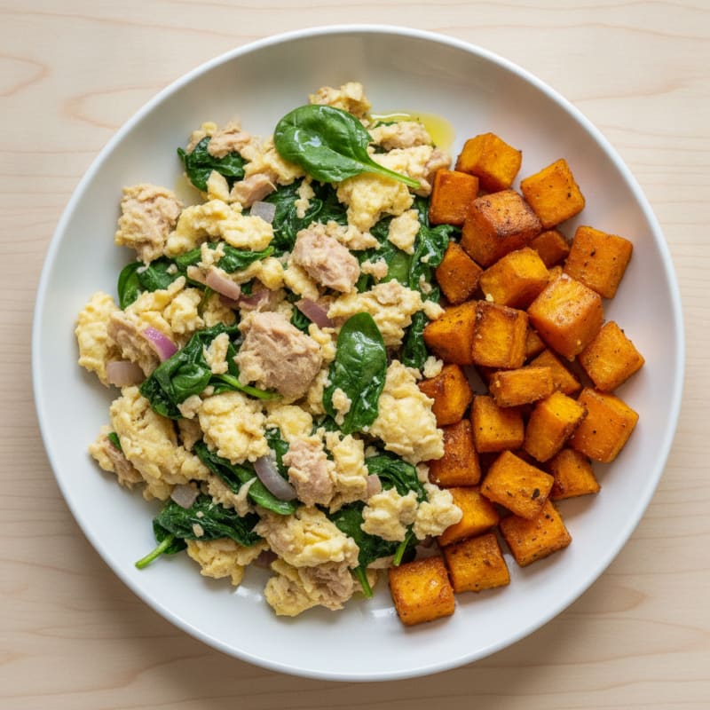 Egg and Tuna Scramble with Roasted Sweet Potato