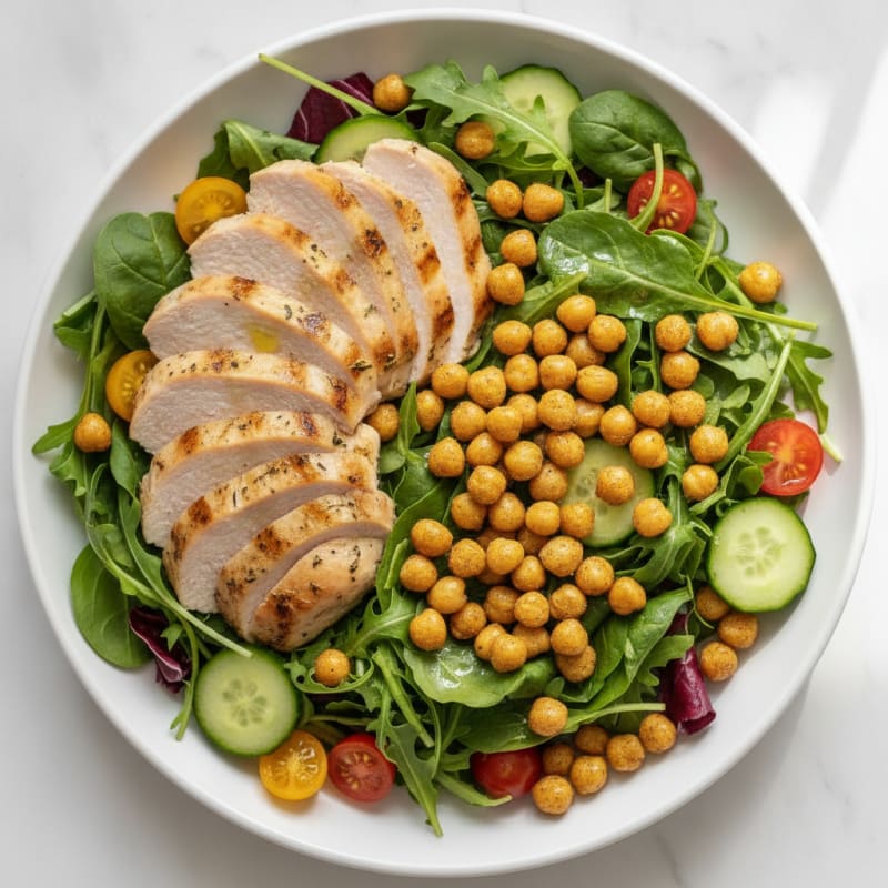 Grilled Turkey Breast Salad with Crunchy Chickpeas and Mixed Greens