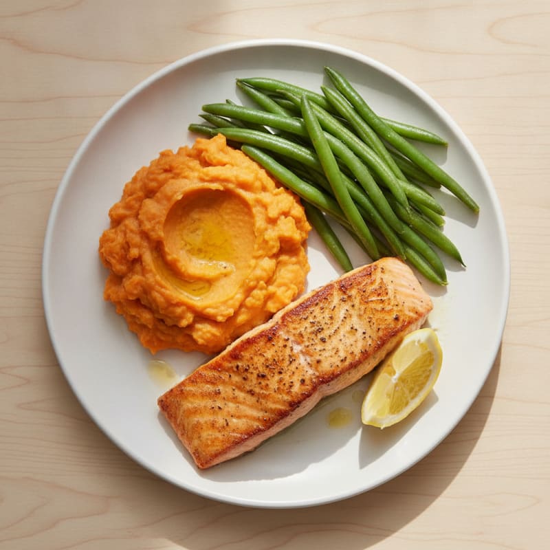 Seared Salmon with Steamed Green Beans and Mashed Sweet Potato