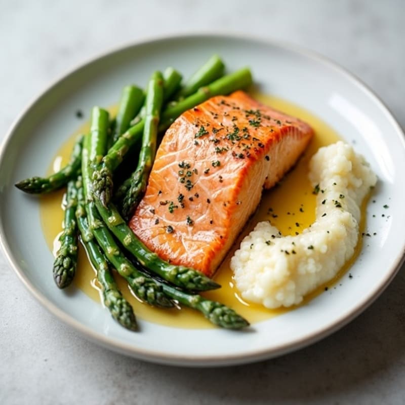 Seared Salmon with Steamed Asparagus and Cauliflower Mash