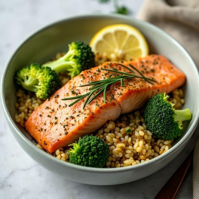 Herb-Crusted Salmon with Roasted Broccoli and Zucchini Rice Bowl