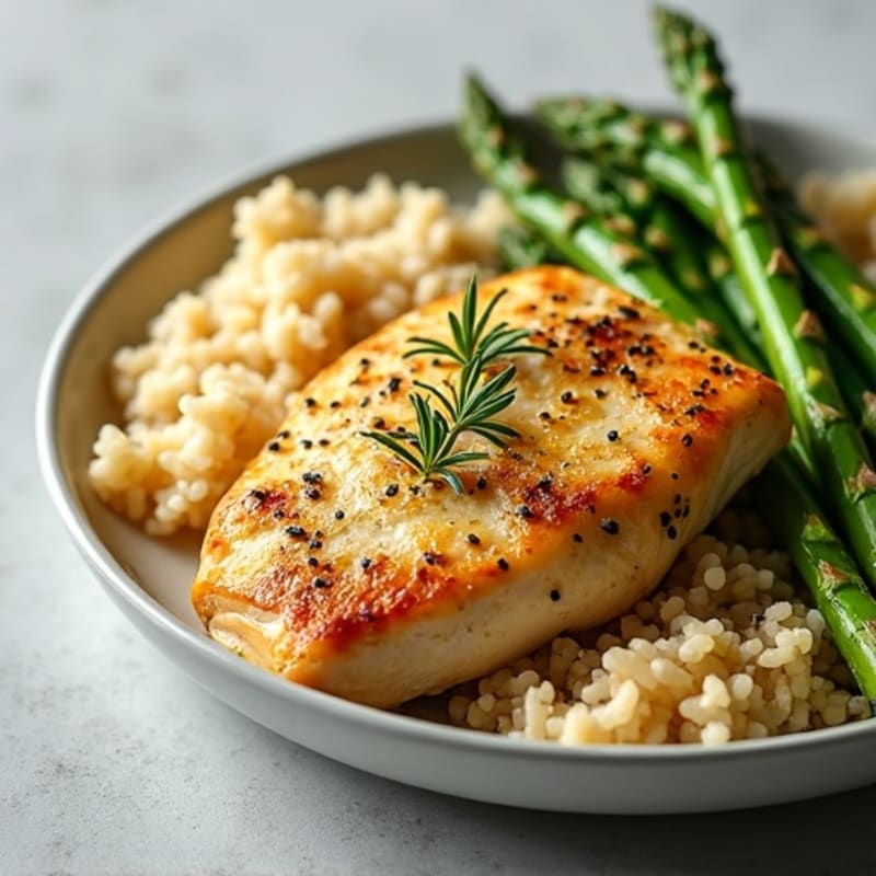 Lemon-Herb Chicken with Fluffy Brown Rice and Roasted Asparagus