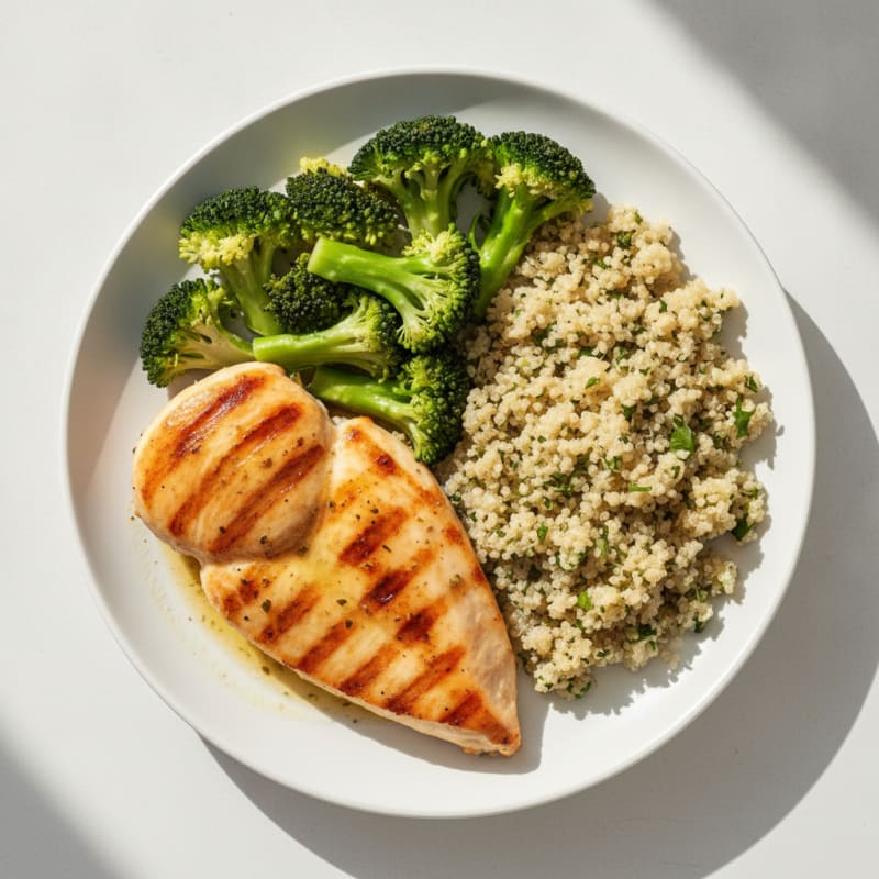 Grilled Chicken Breast with Steamed Broccoli and Quinoa