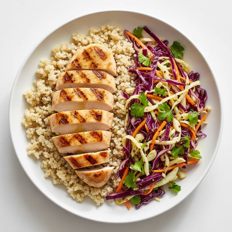Grilled Chicken Breast with Crunchy Cabbage Slaw and Quinoa