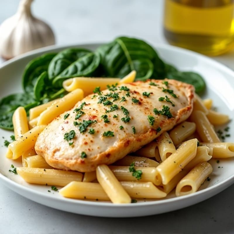 Chicken with Creamy Garlic Parmesan Pasta and Spinach