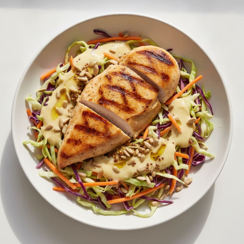 Grilled Chicken Breast with Crunchy Cabbage Slaw and Lemon Yogurt Dressing