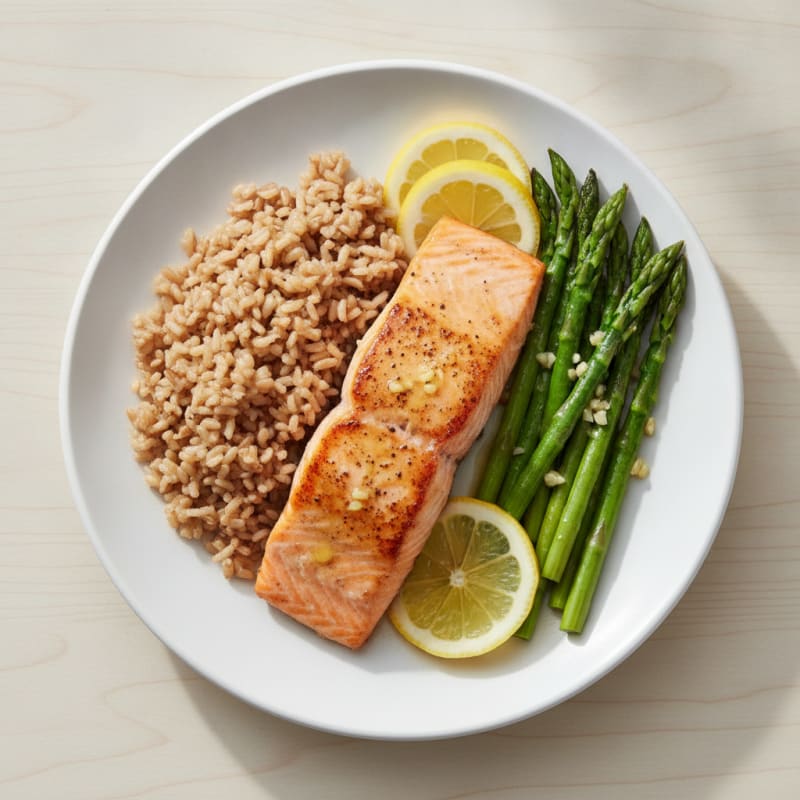 Seared Salmon Fillet with Lemon-Garlic Asparagus and Brown Rice