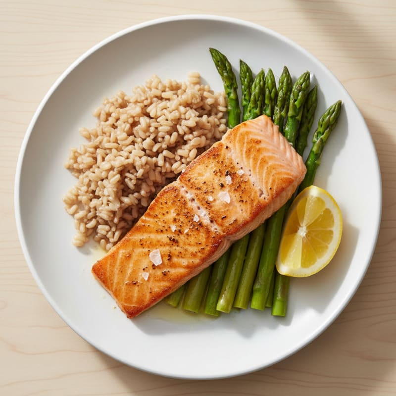 Seared Salmon with Steamed Asparagus and Brown Rice
