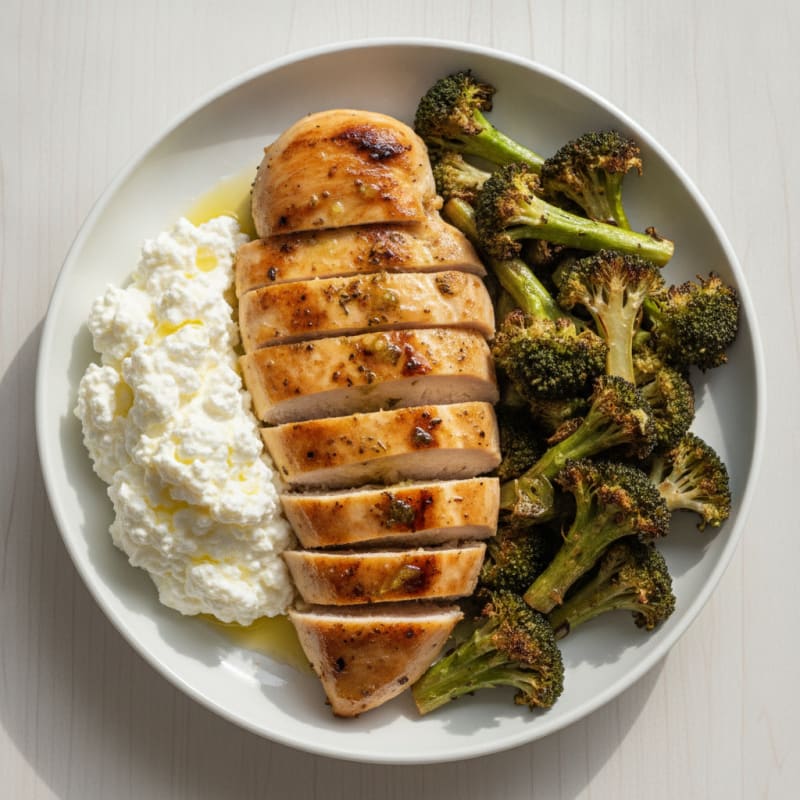 Grilled Chicken Breast with Creamy Cottage Cheese and Roasted Broccoli
