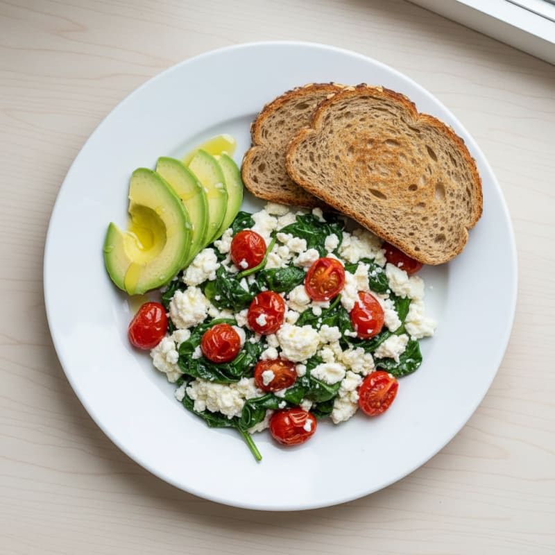 Cottage Cheese Egg White Scramble with Spinach and Cherry Tomatoes