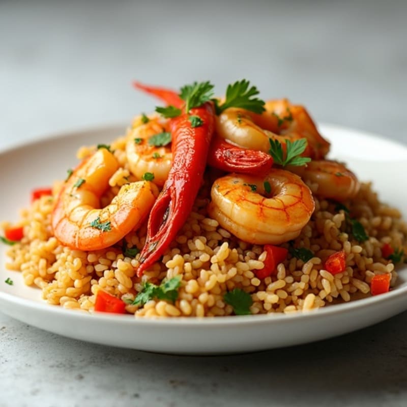 Spicy Chicken and Shrimp with Simmered Vegetables and Brown Rice
